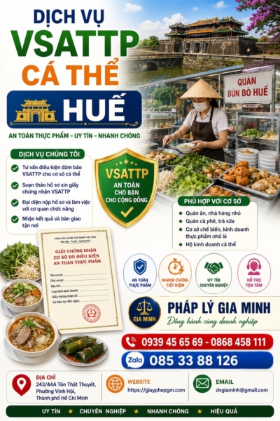 Dịch vụ xin giấy VSATTP tại Huế cho hộ kinh doanh cá thể | Trọn gói, nhanh