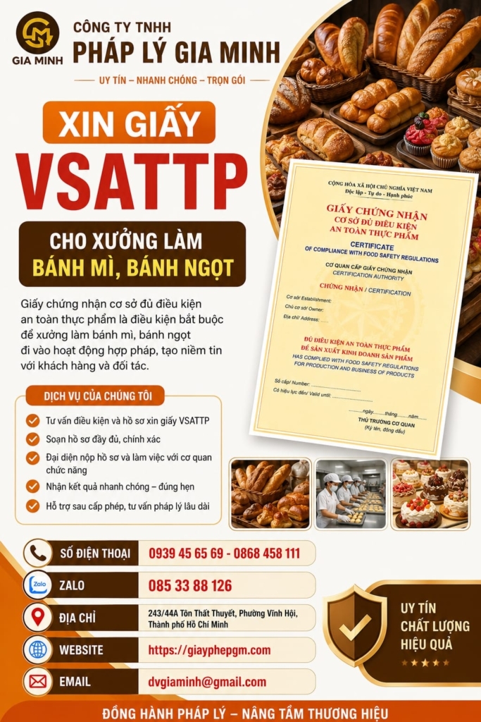 Giấy VSATTP cho xưởng làm bánh mì, bánh ngọt
