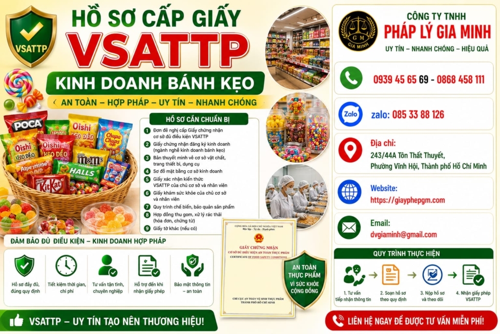 Vsattp Giấy VSATTP cho cửa hàng bán bánh kẹo đầy đủ, đúng luật